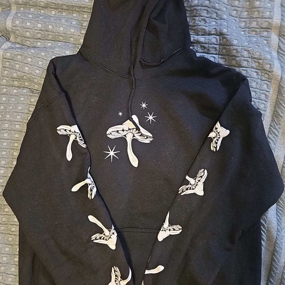 Black Hoodie with White Mushroom Design